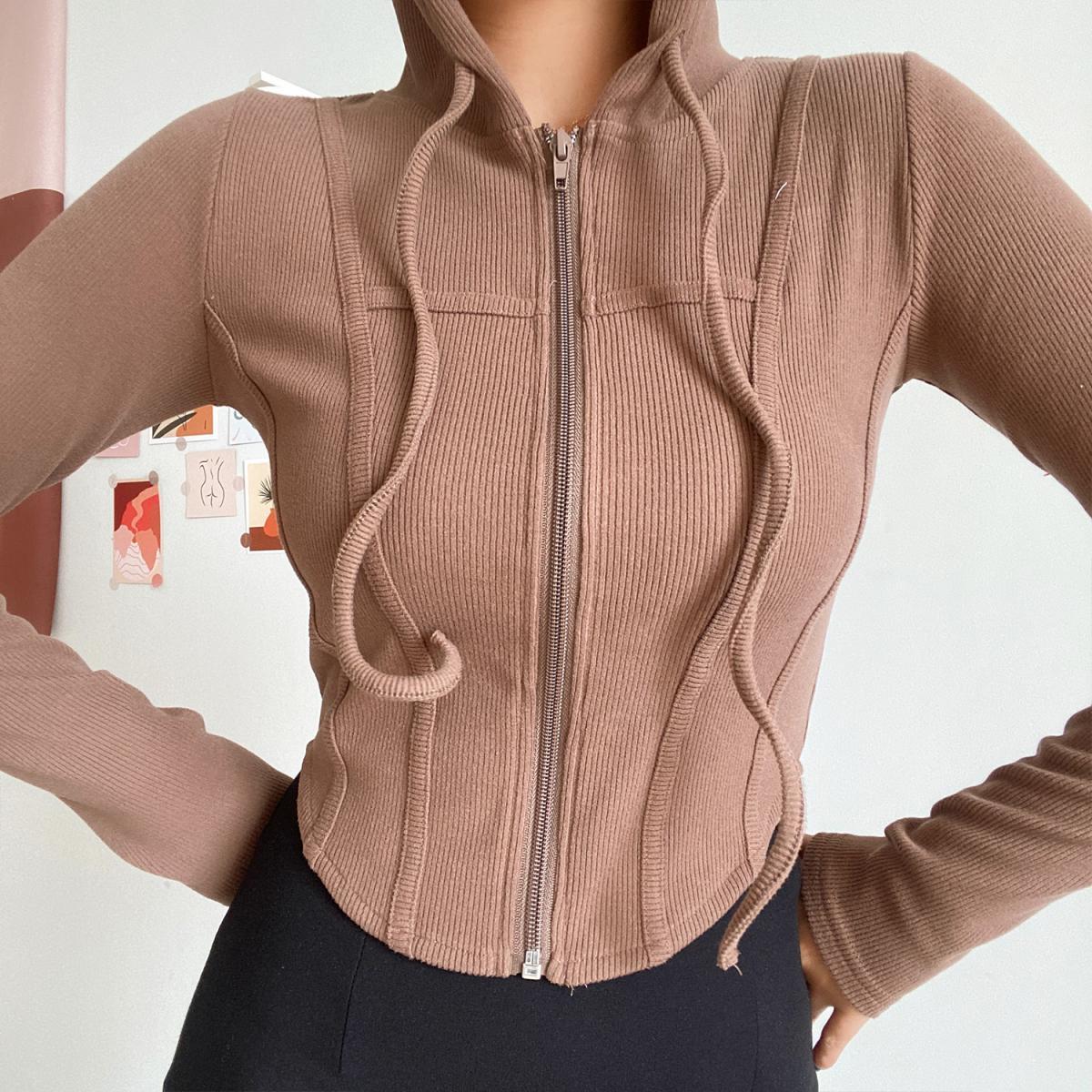 Ribbed Cropped Zip-Front Hooded Sweater