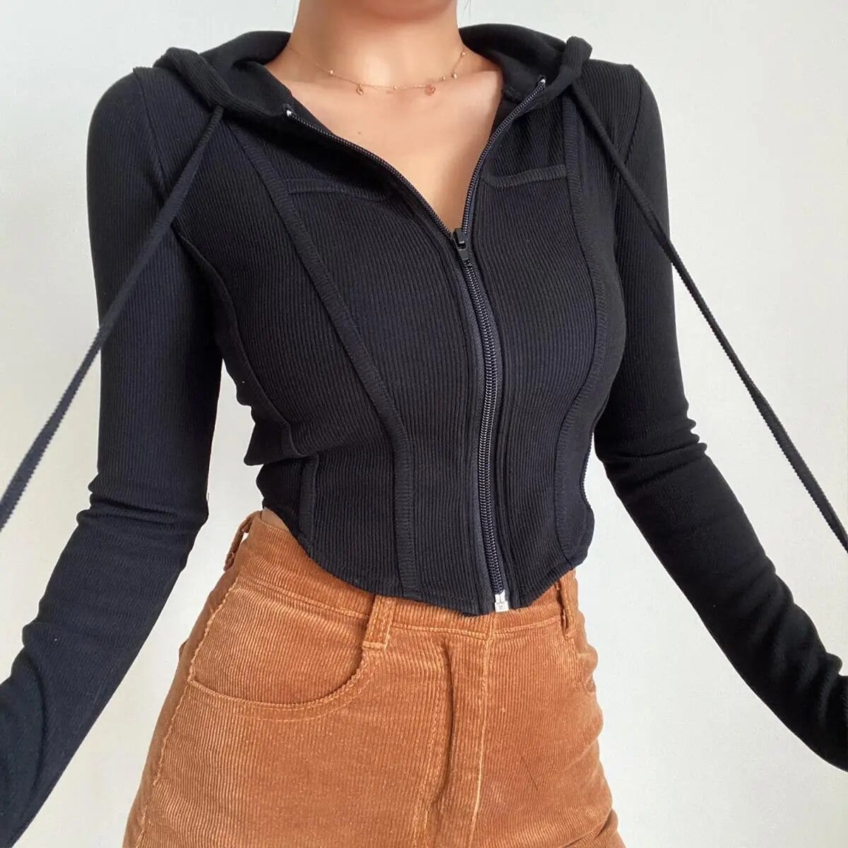 Ribbed Cropped Zip-Front Hooded Sweater