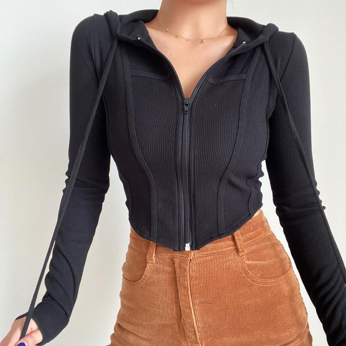 Ribbed Cropped Zip-Front Hooded Sweater