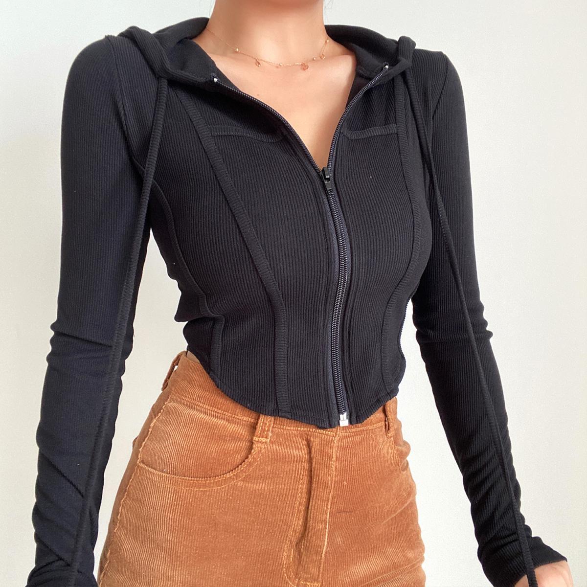 Ribbed Cropped Zip-Front Hooded Sweater