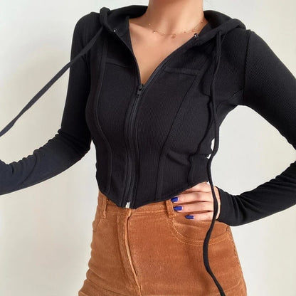 Ribbed Cropped Zip-Front Hooded Sweater