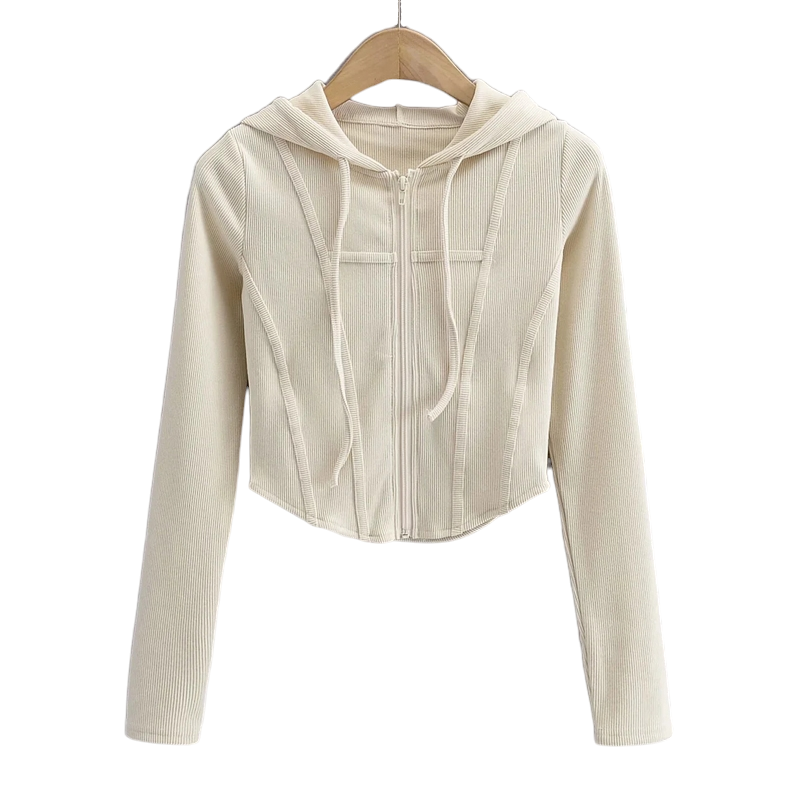 Ribbed Cropped Zip-Front Hooded Sweater