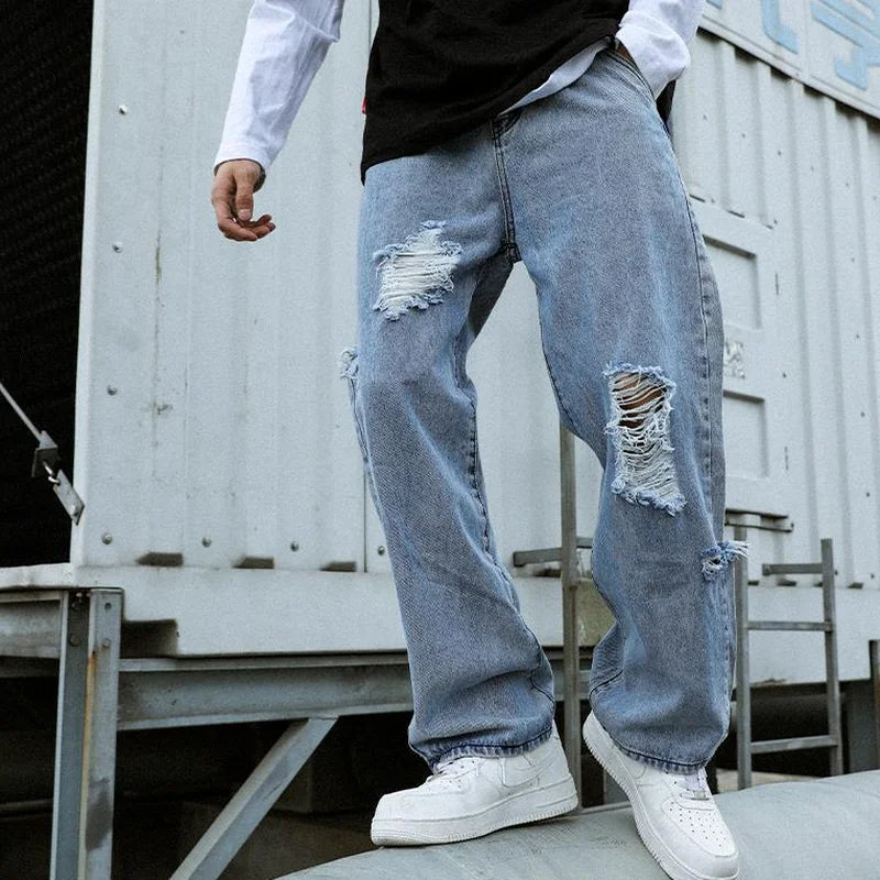 Pale Blue Ripped Baggy Fit Jeans