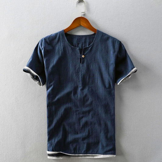 Cotton-Linen Blend Tee with Button-Down Collar