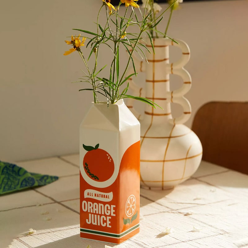 Vintage Orange Juice Carton Ceramic Vase